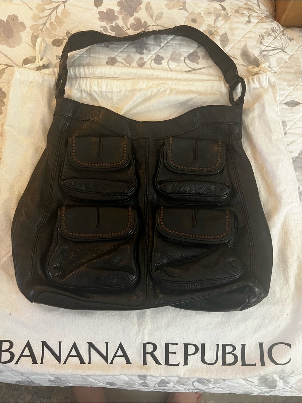 Banana Republic Black Leather Shoulder Bag with four Front Pockets